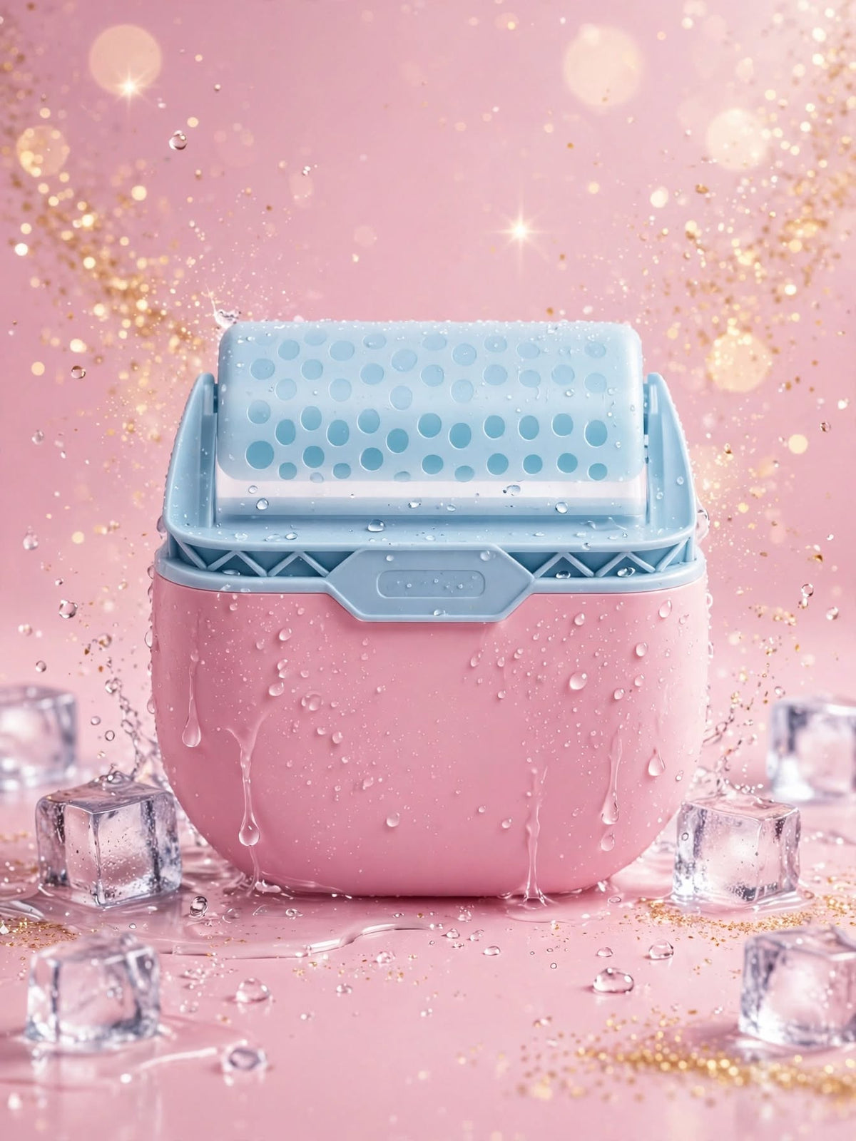 LumaRose Chill Roller ice facial roller with blue roller head and pink base, surrounded by ice cubes and water droplets
