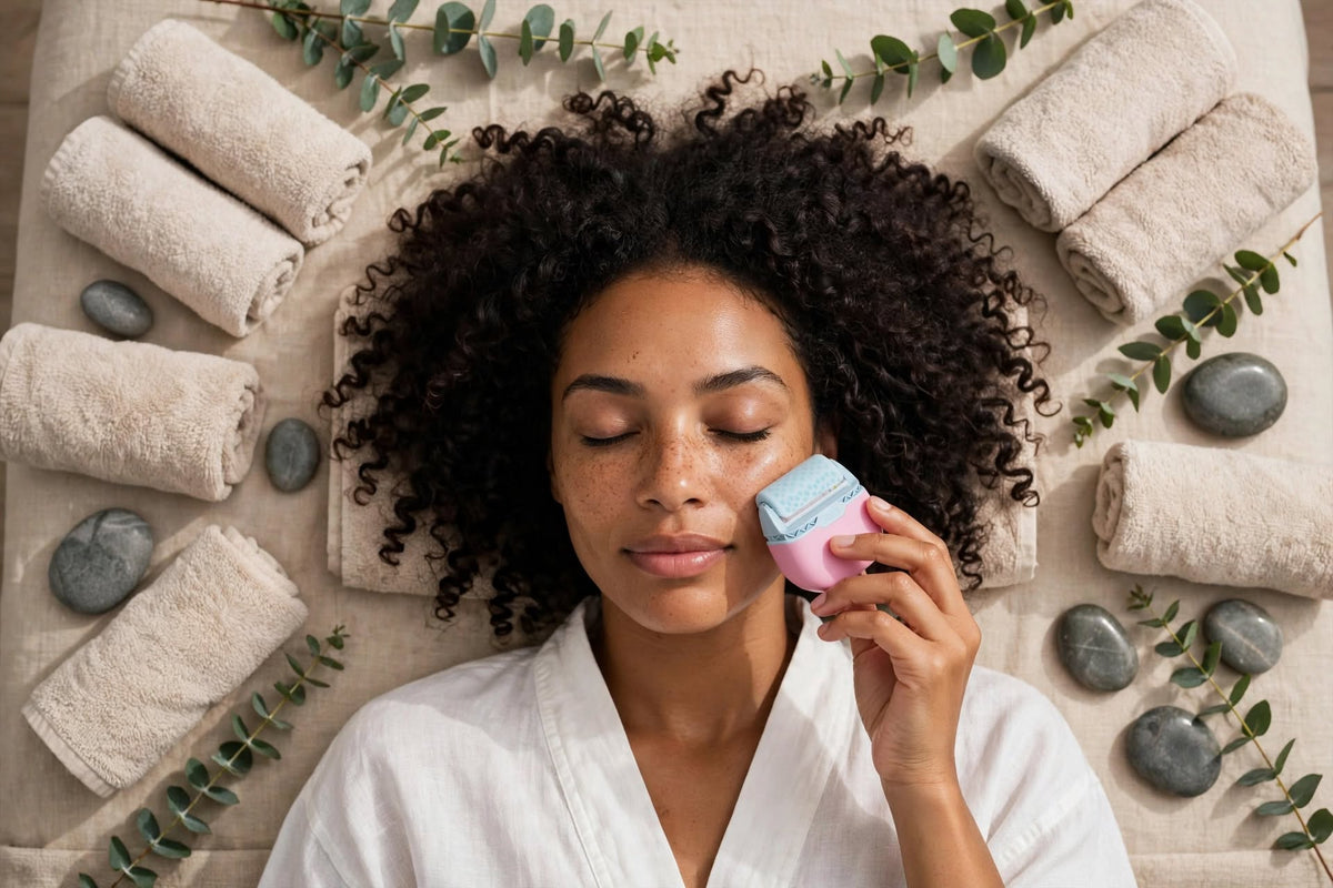 Woman relaxing on a spa towel gliding the LumaRose Chill Roller across her cheek, surrounded by rolled towels, stones and eucalyptus