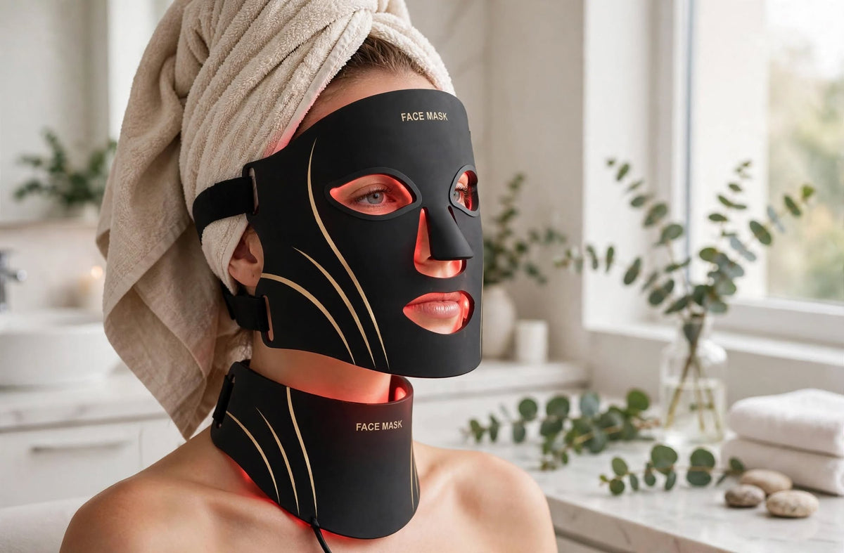 Woman wearing the LumaRose Glow Mask and neck piece with red light on, hair wrapped in a towel in a bright spa bathroom